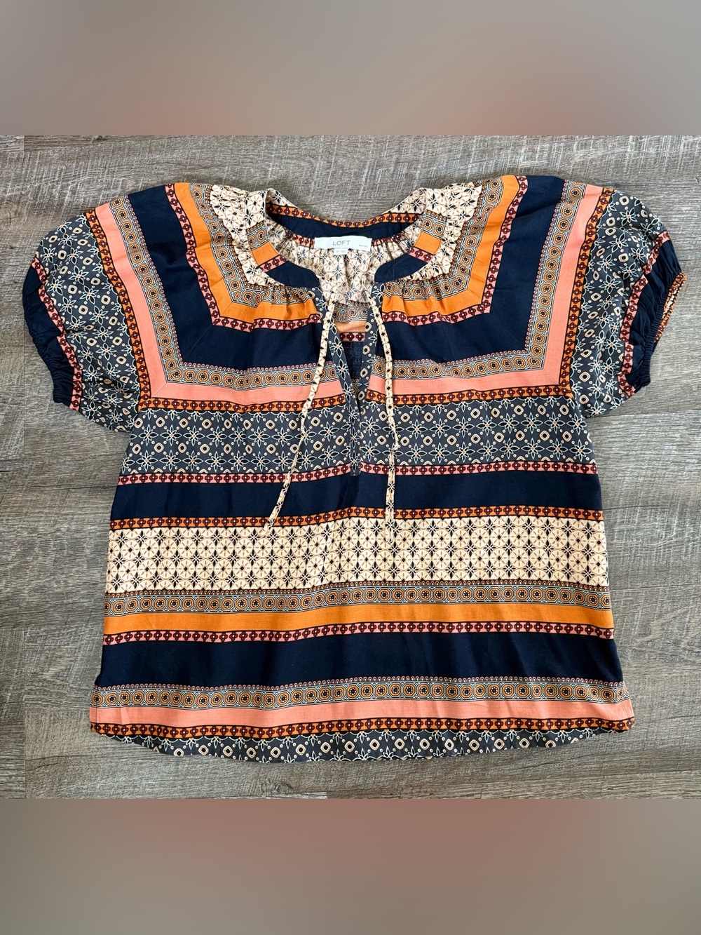 LOFT Navy Multi-Pattern Tie-Front Short Sleeve Blouse